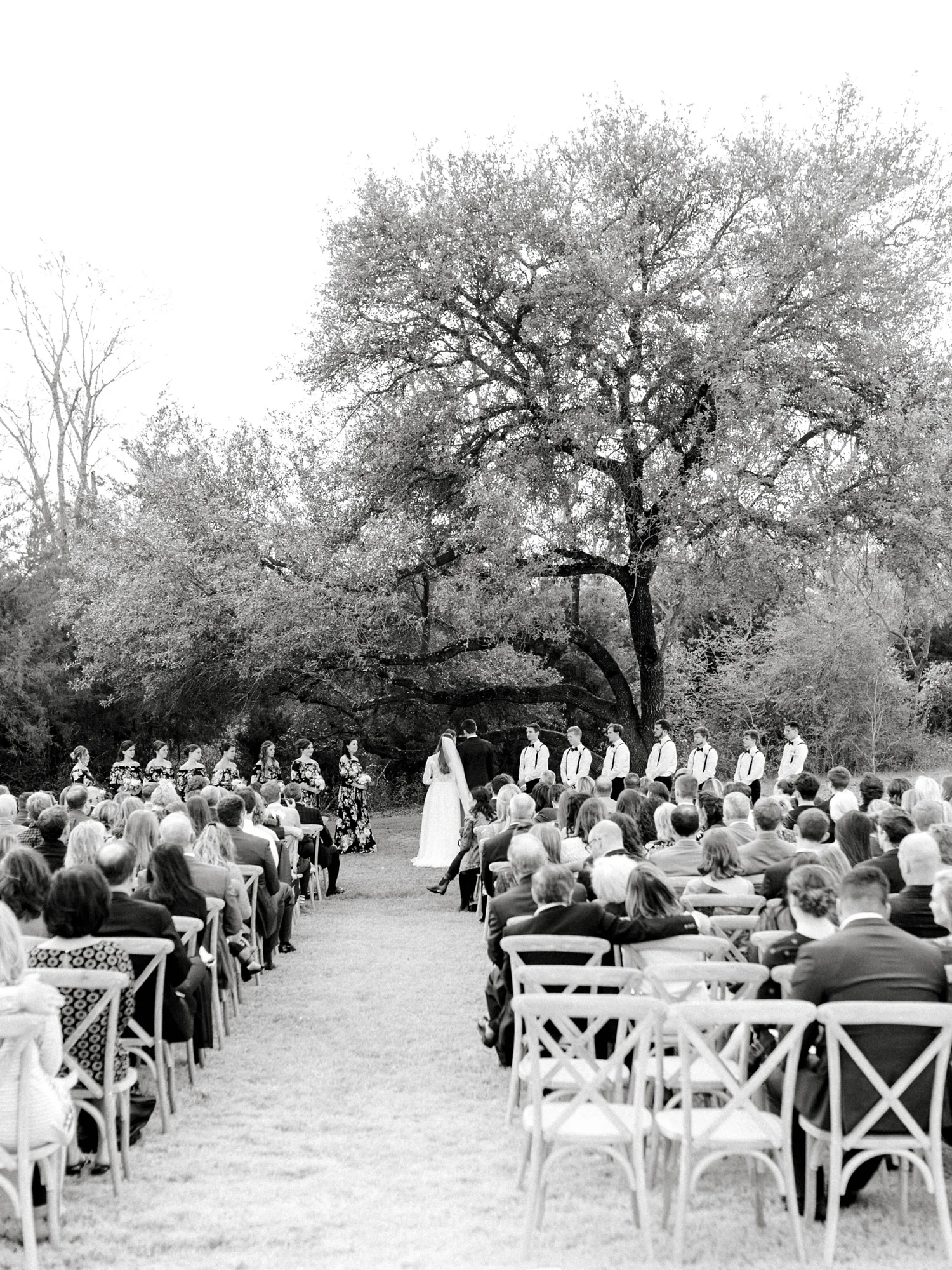Black and white photo of wedding ceremony with bride and groom standing at alter under oak tree.