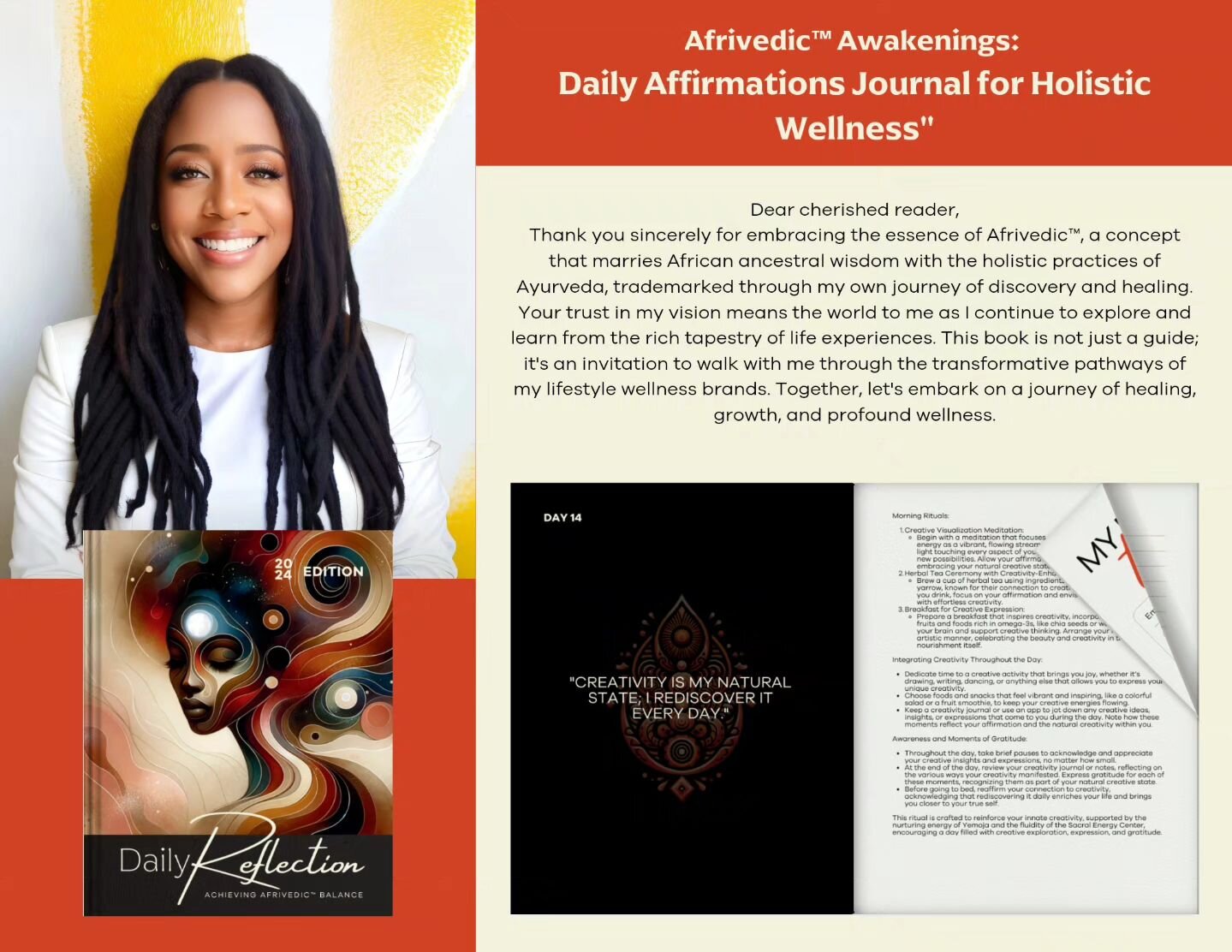 FROM THE FOUNDER:
I'm excited to share the launch of my book, &quot;Afrivedic&trade; Awakenings: Daily Affirmations Journal for Holistic Wellness.&quot; This publication marks the beginning of a transformative series under the trademarked Afrivedic&t