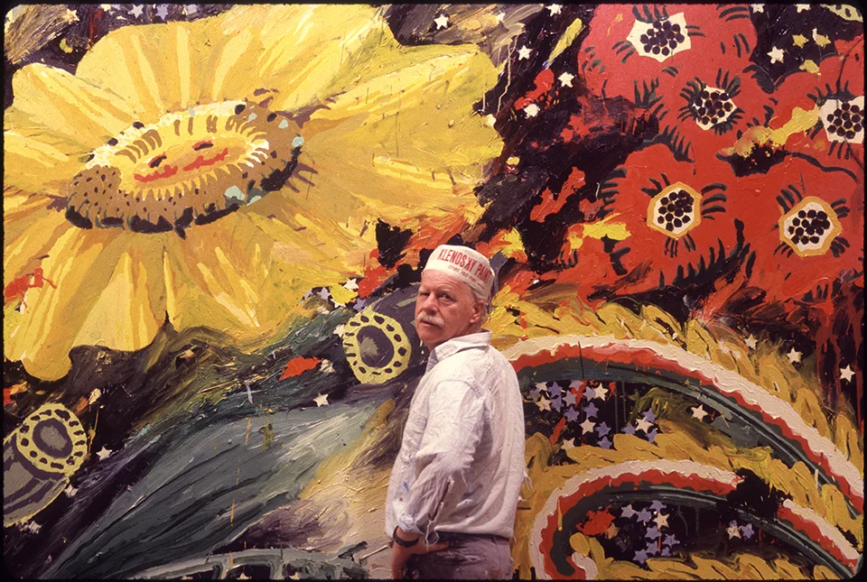 Robert Zakanitch in front of his "Big Bungalow Suite I," 1990-93, Acrylic on canvas, 11 x 30 ft.