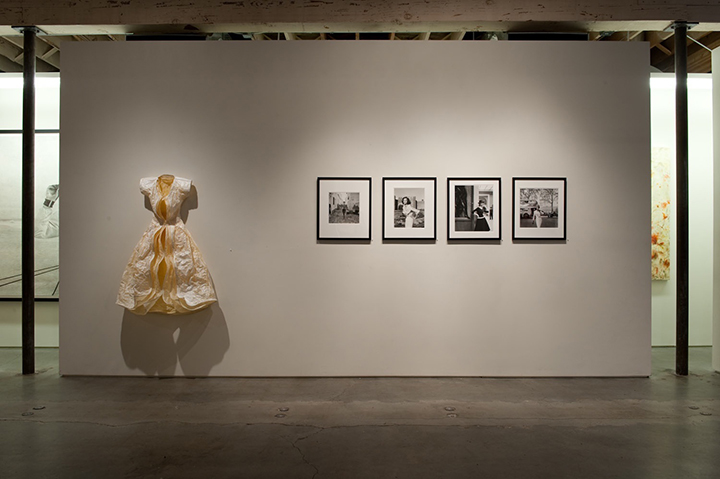   Shell,  2010.&nbsp; App. 5 1/2’ x 3 3/4’ x 2’ deep, wall-mounted. Paper, wire, acrylic. Shown with Herb Ritts’ photographs, Winston Wachter Gallery, “Dress Envy,” Seattle, 2010. 