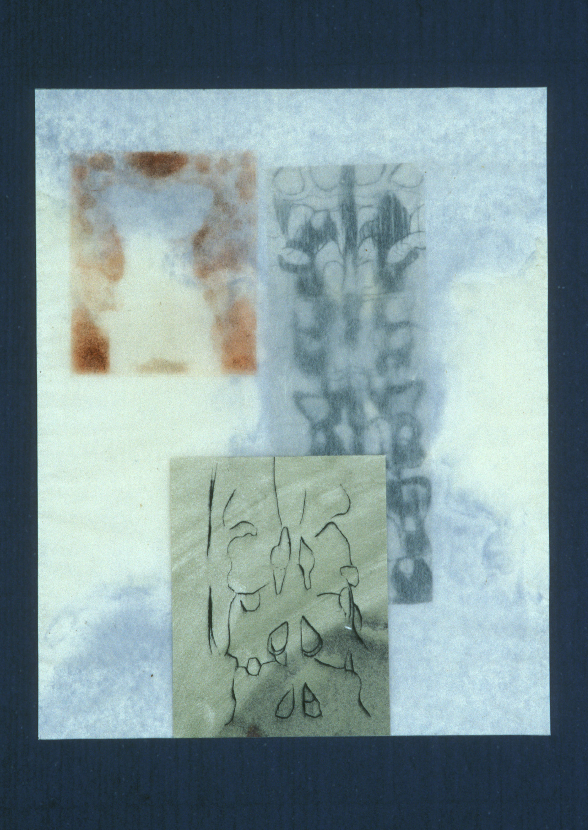  “Figure with Spine,” 2001, monotype with etching and chine collé, wrapped with aquatint on silk tissue on Roma paper, 28” x 20.”     