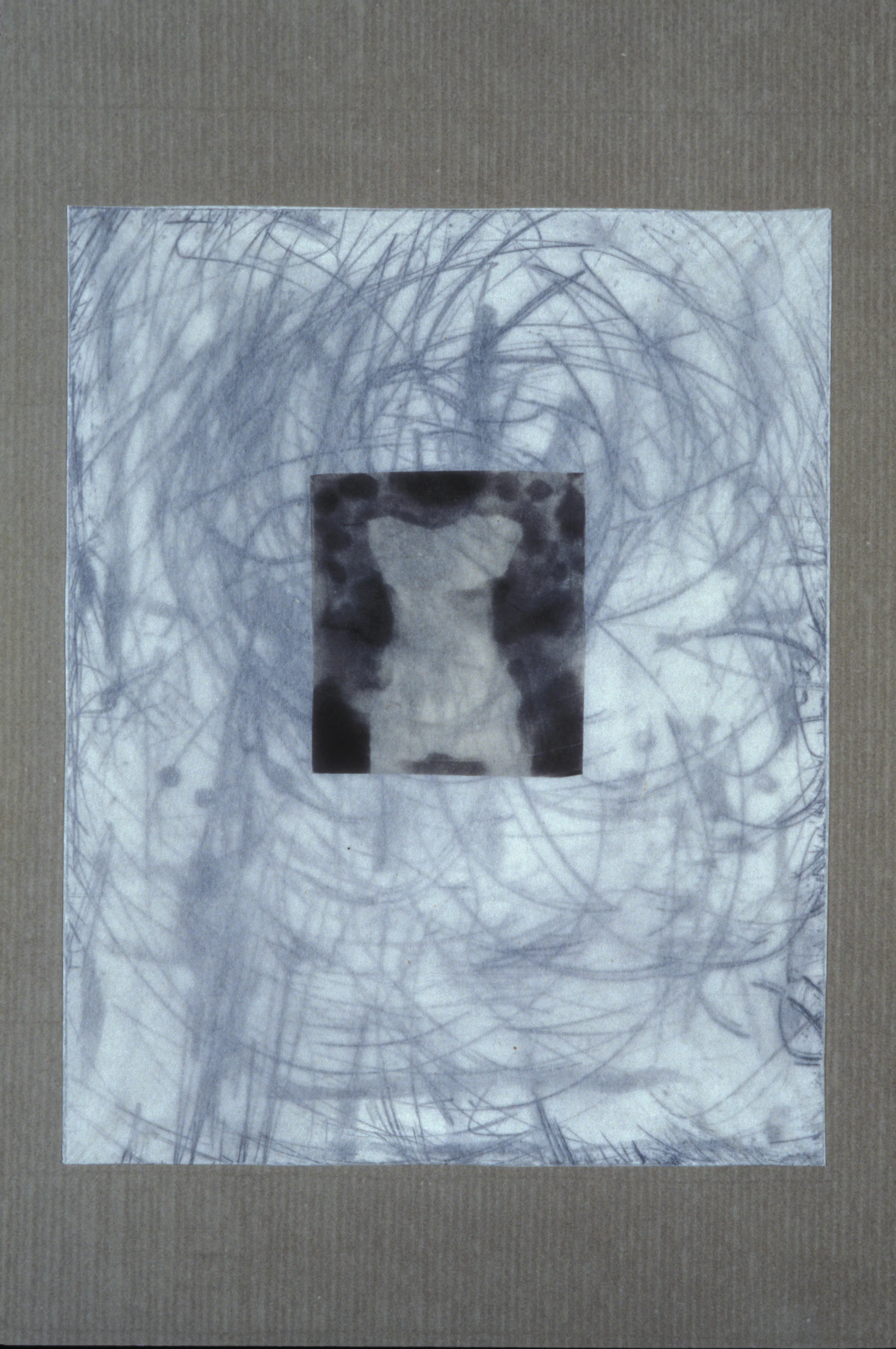 “Figure with Inscriptions,” 2001, monotype with etching and chine collé, wrapped with aquatint on silk tissue on Roma paper, 28” x 20.”