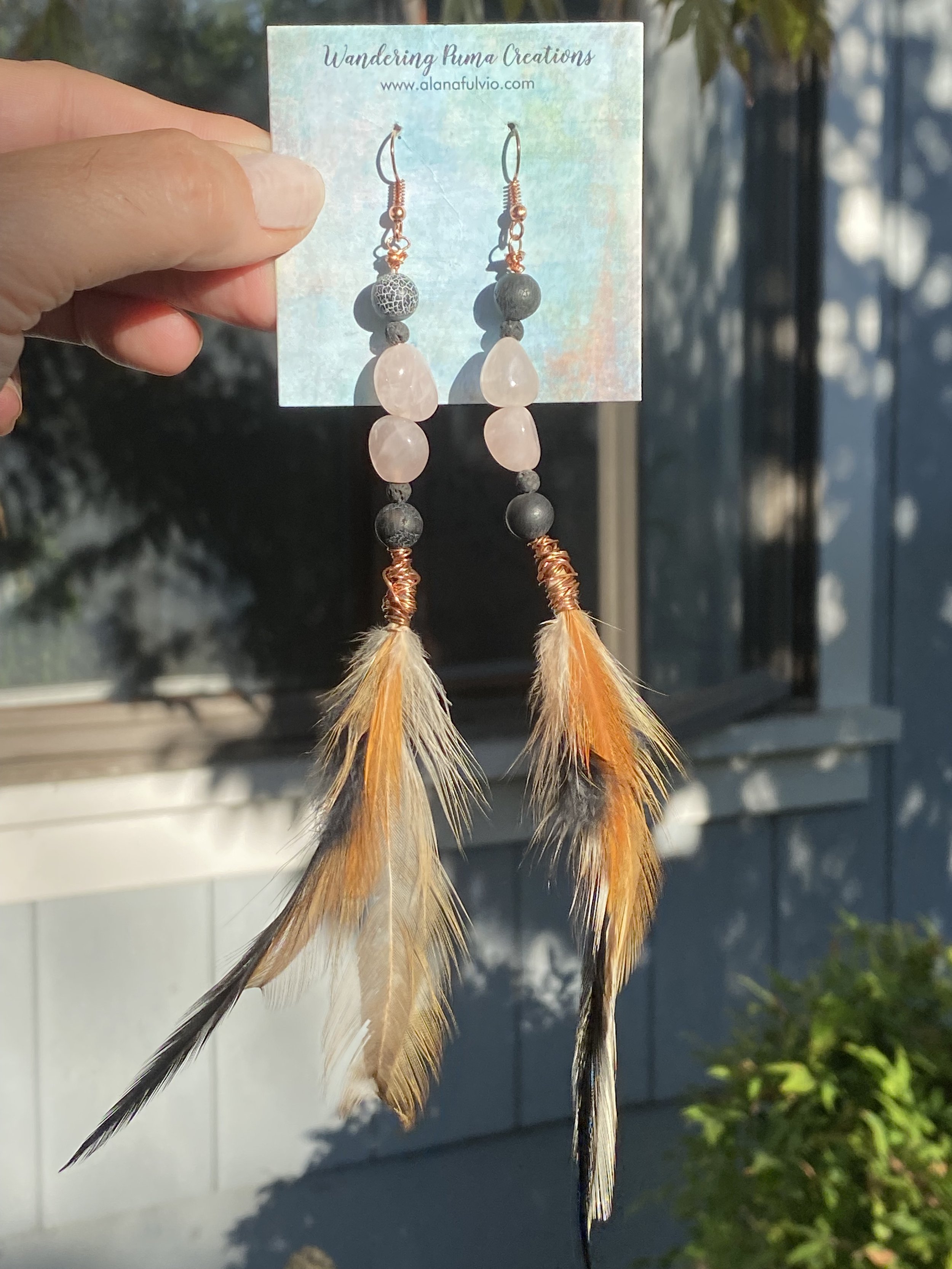 Rose Quartz, Labradorite, Lava Rock & Feather Energetic Earrings (medium)