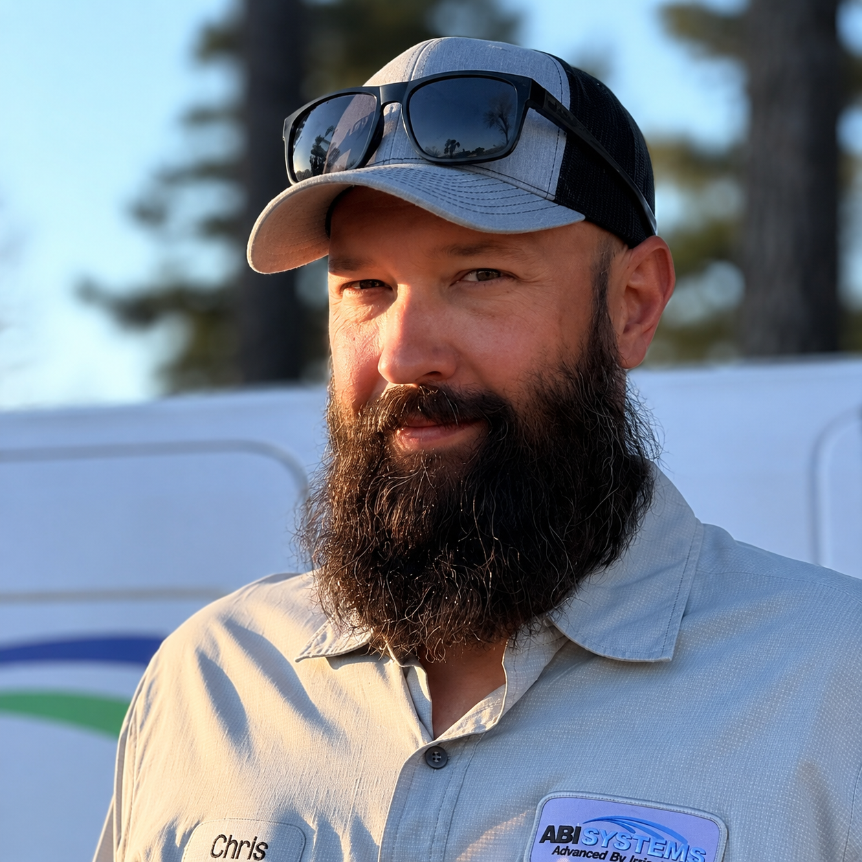 Chris Hendricks, irrigation technician at ABI Systems, wearing a company uniform and standing outdoors in Northwest Arkansas