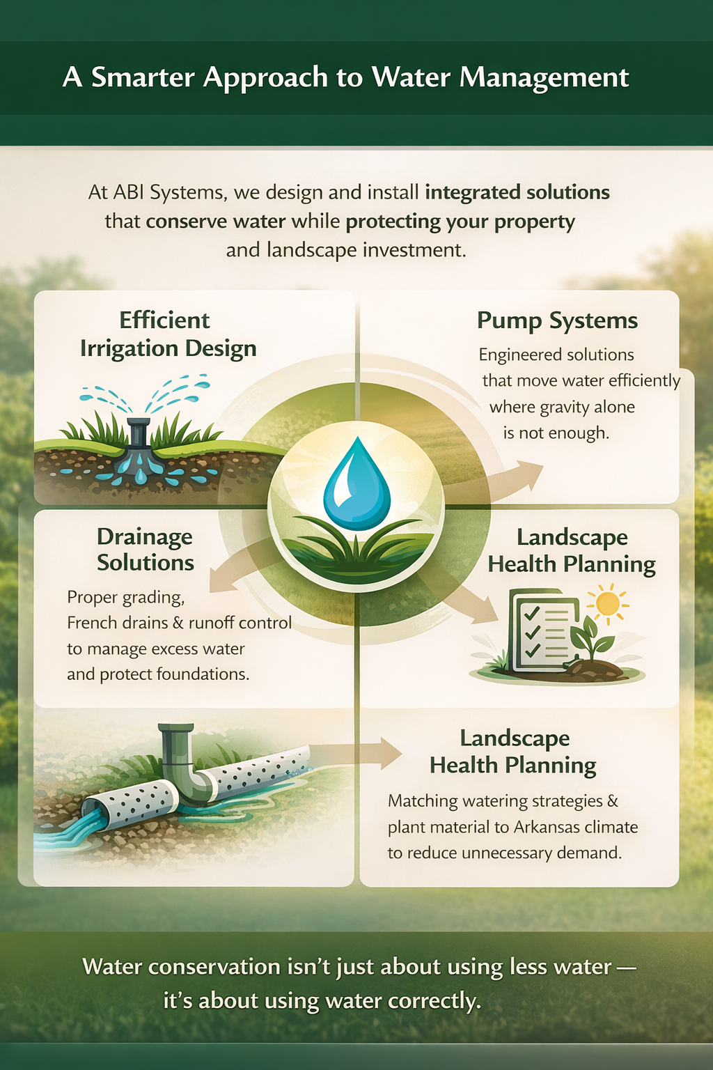 Infographic showing ABI Systems’ integrated water management solutions including efficient irrigation design, drainage systems, pump systems, and landscape health planning in Arkansas