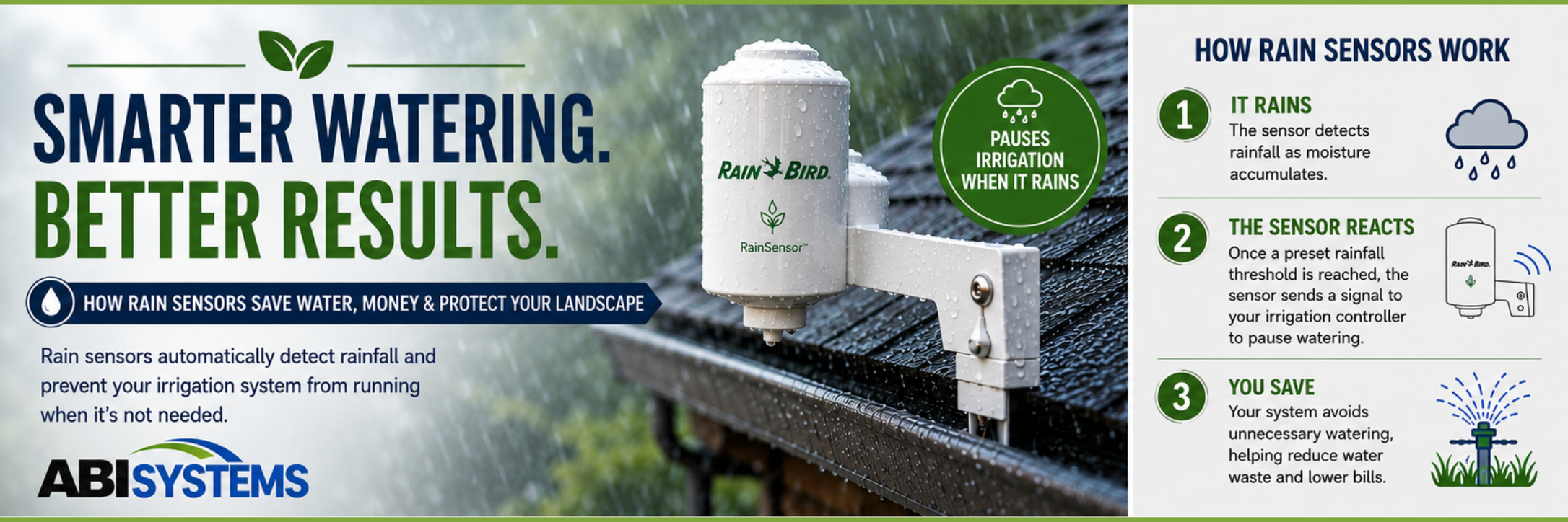 ABI Systems infographic showing a Rain Bird rain sensor mounted on a roof during rainfall, explaining how smart irrigation sensors automatically pause sprinkler systems to conserve water, reduce waste, and protect landscapes in Northwest Arkansas.