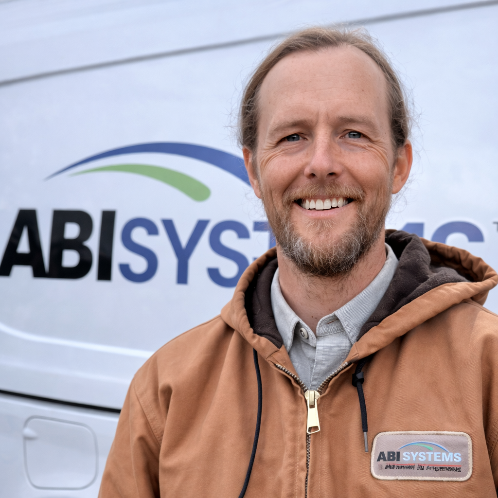 Steve Khilling, Service and Backflow Specialist at ABI Systems, standing in front of an ABI Systems service vehicle in Northwest Arkansas