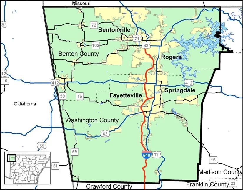 Map of Fayetteville, Arkansas and surrounding counties, showing major roads, highways, and rivers.