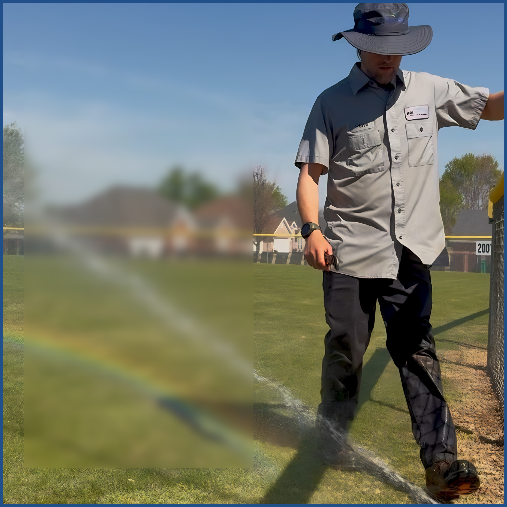 A man wearing a wide-brimmed hat and a gray work shirt with a name tag is standing outdoors on a grassy area, with trees and houses in the background. The man appears to be inspecting or working on something.