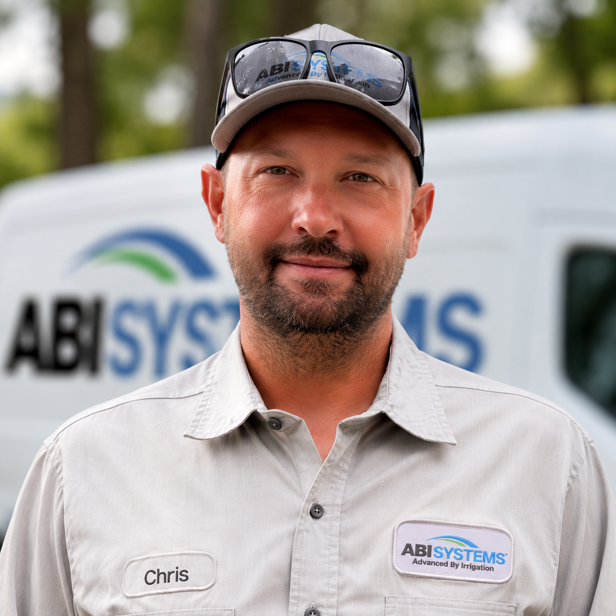 Chris Hendrix, irrigation technician with ABI Systems, posing in company uniform in front of a branded ABI Systems service van in Northwest Arkansas. Professional team headshot highlighting irrigation, drainage, and landscape service expertise.