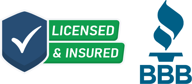 BBB logo with a flame symbol and the text 'LICENSED & INSURED' on a shield.
