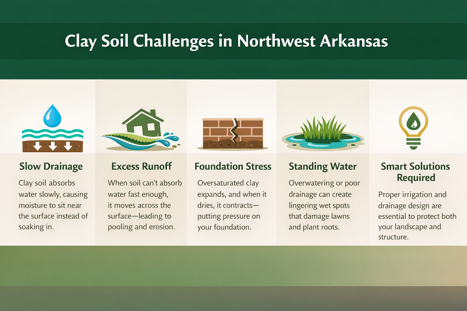 Infographic explaining clay soil challenges in Northwest Arkansas, including slow drainage, runoff, foundation stress, standing water, and the need for smart irrigation and drainage solutions