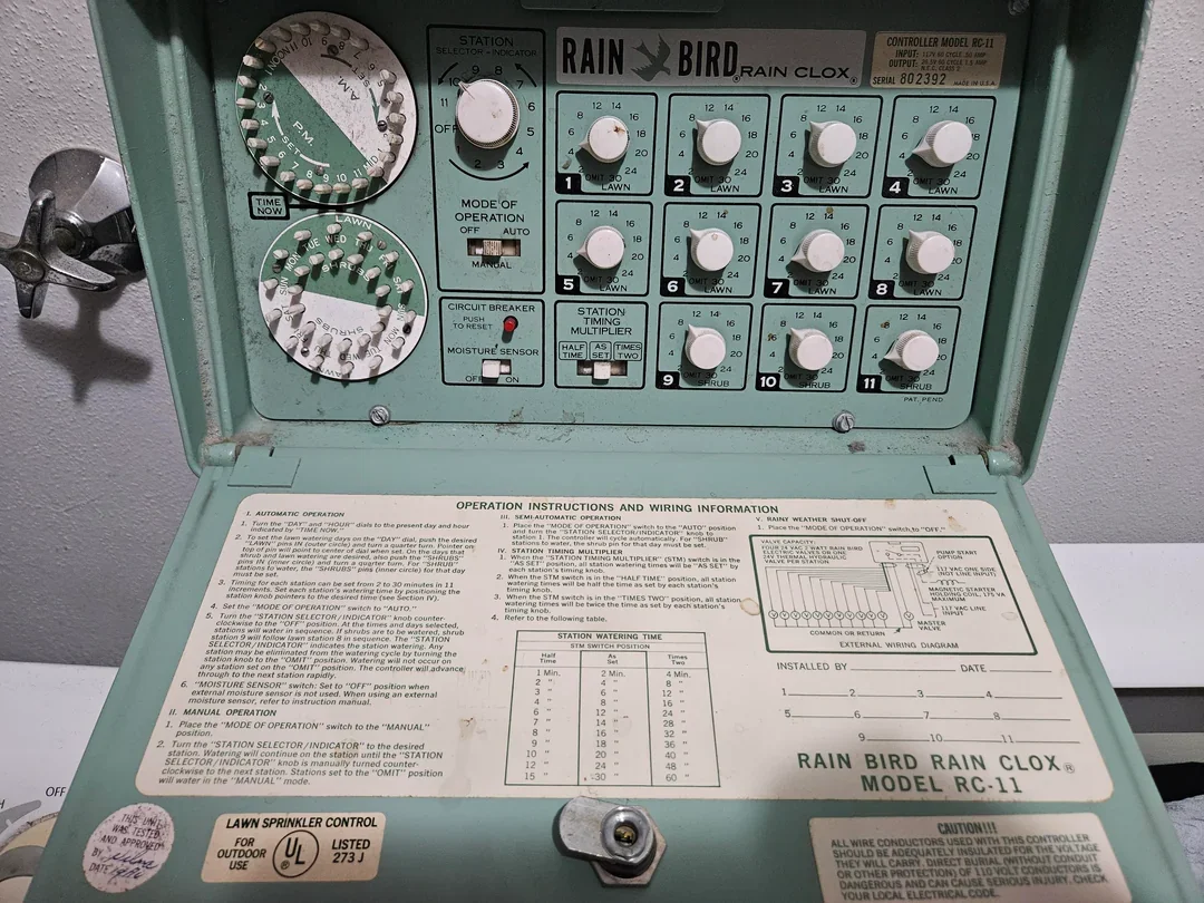 Older manual Rain Bird irrigation controller that lacks smart water-saving technology