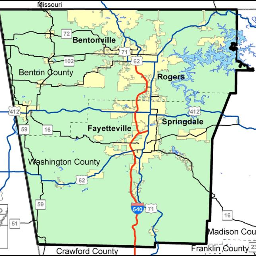 Map of a region in Arkansas showing cities, highways, and rivers, including Fayetteville, Rogers, and Bentonville. Highlighted highways include I-540, US Route 62, and 71.