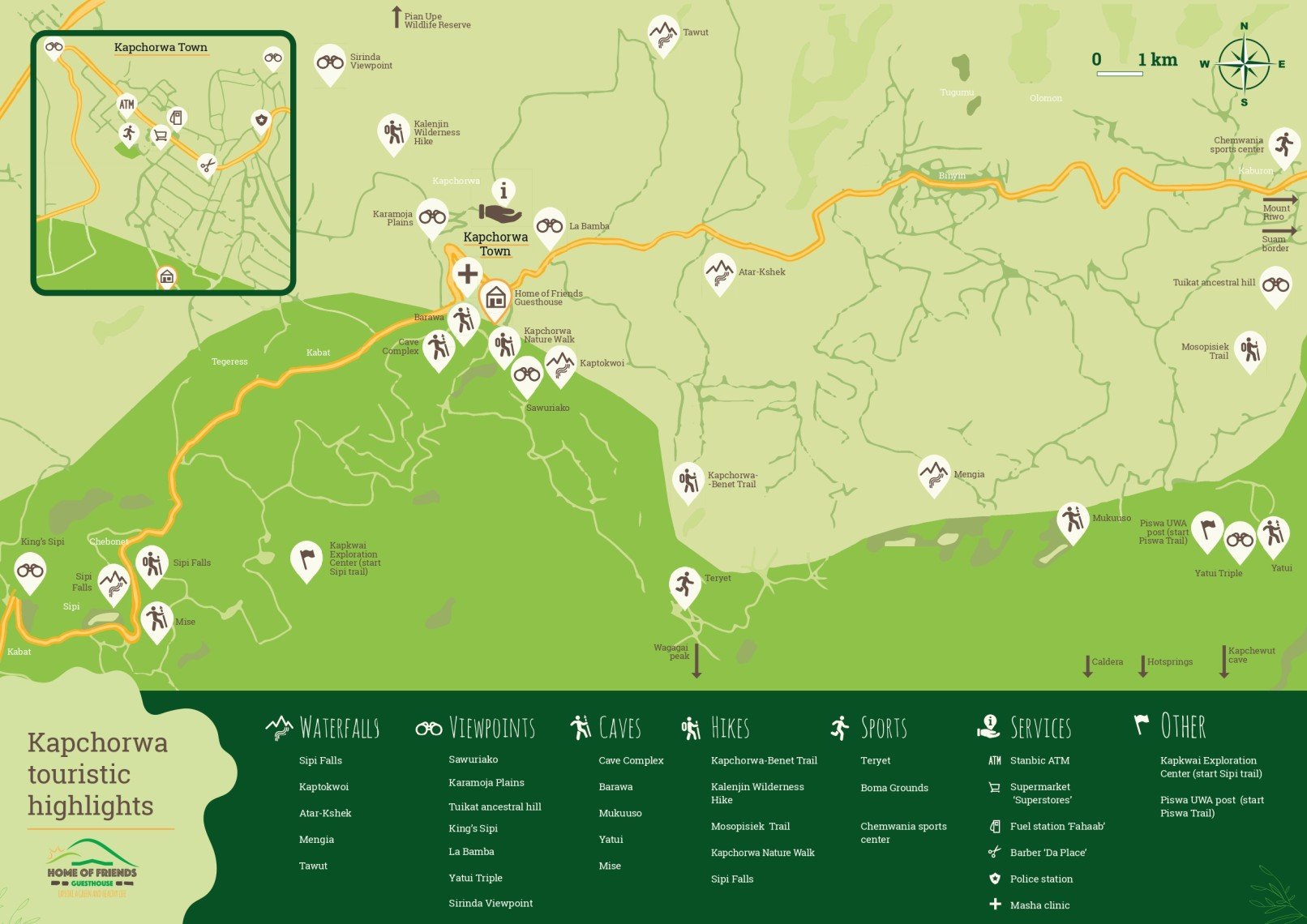 Touristic map of Kapchorwa and Kween with the major highlights such as waterfalls, caves and hikes. Mount Elgon, Uganda.