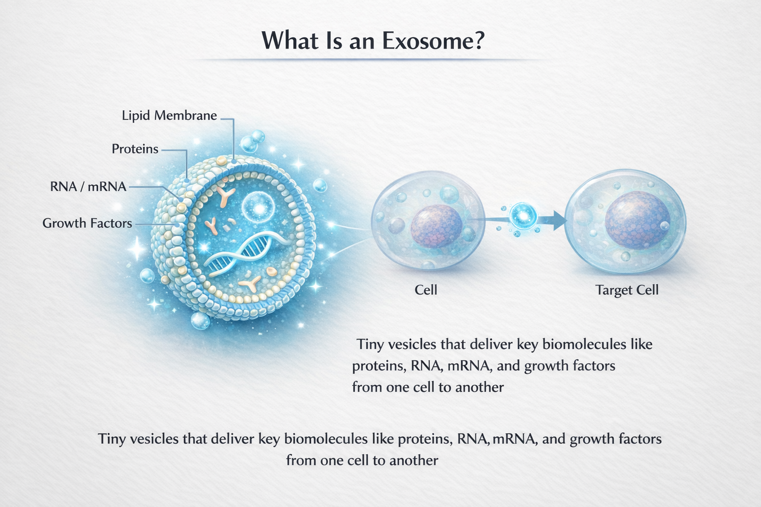 Exosome structure in skincare showing lipid membrane and biomolecules delivering proteins and RNA between cells