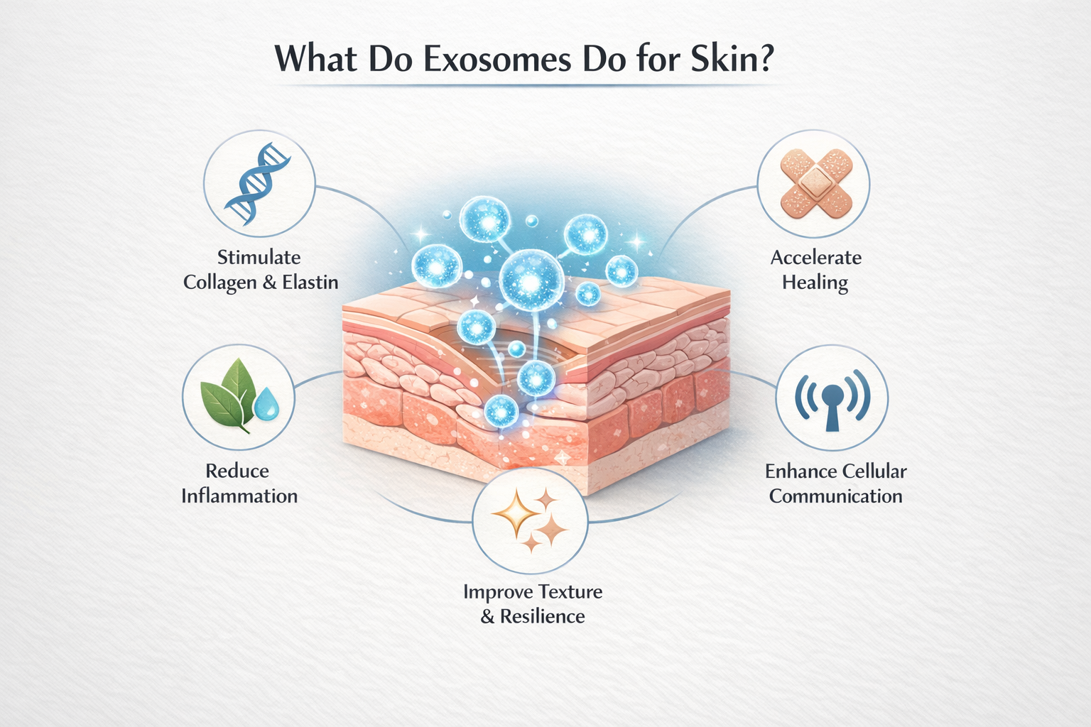 Diagram showing what exosomes do for skin including collagen stimulation, wound healing, inflammation reduction and skin repair.