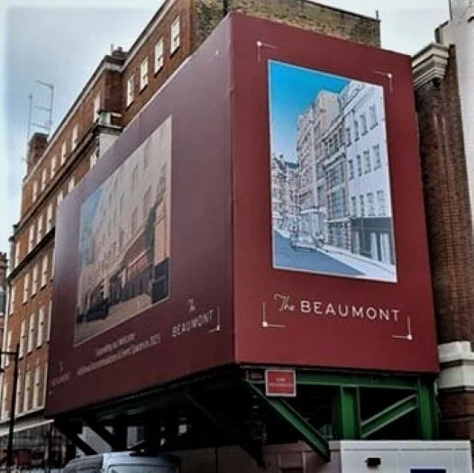 Digitally Printed PVC-Free Kavalan From CMYUK Used By Embrace Building Wraps To Cover Welfare Construction Cabins At The Beaumont Hotel