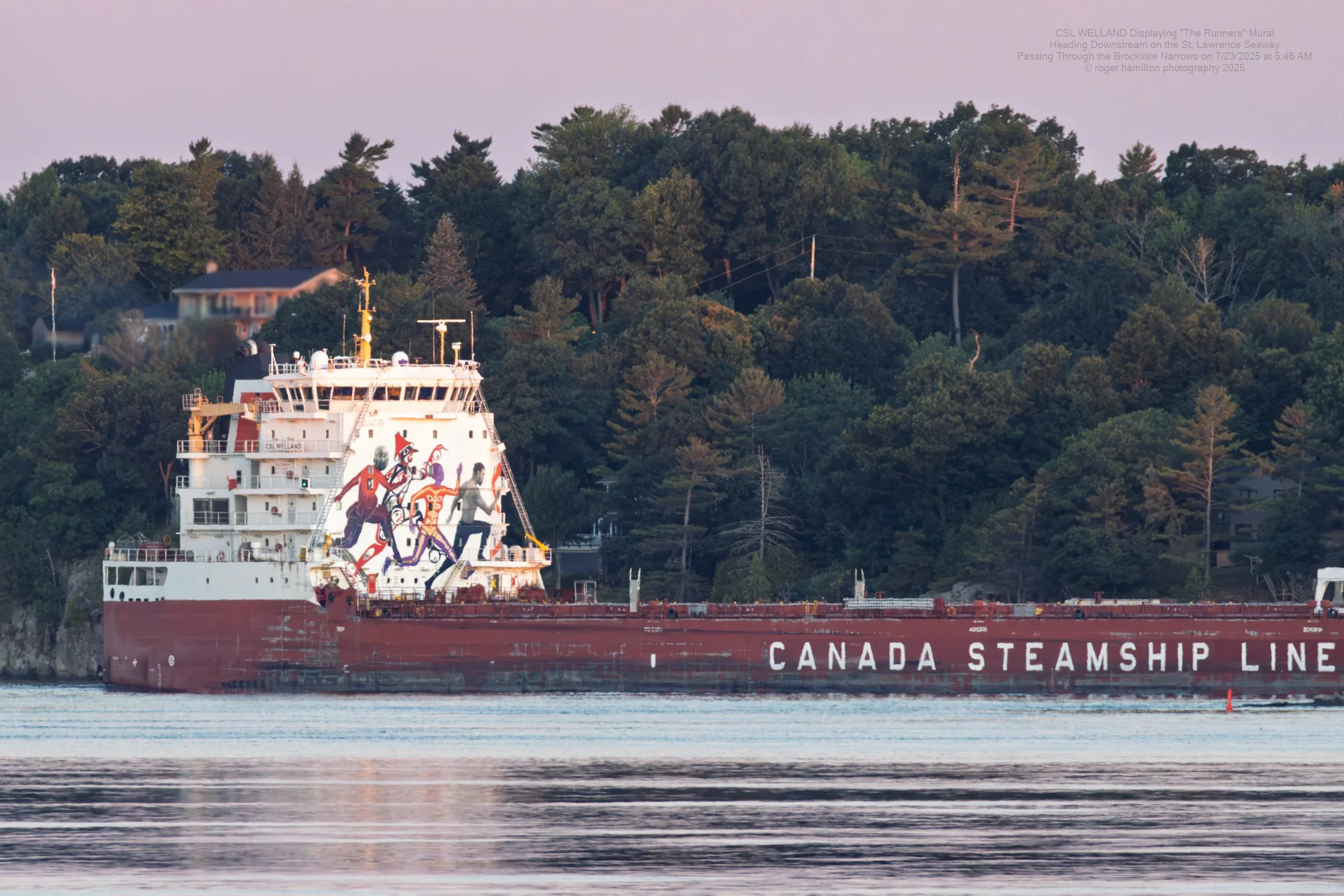 CSL WELLAND heading downstream through the Brockville Narrows on 7/23/2025 at 5:46 AM