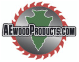 Logo of A&E Wood Products featuring a green wood outline inside a gray circle with red saw blade edges, and the website text 'A&EWoodProducts.com'.