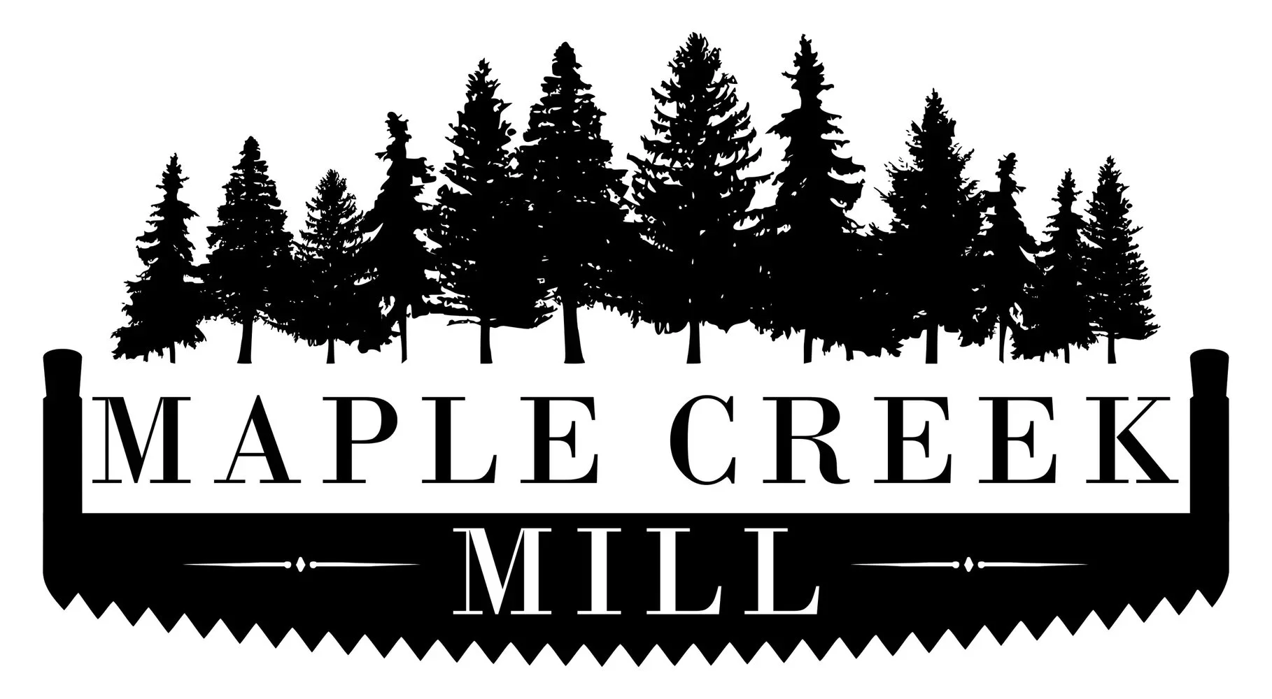 Black and white logo of Maple Creek Mill featuring a silhouette of evergreen trees at the top and the text 'Maple Creek Mill' beneath, with decorative lines.