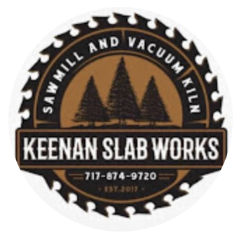 Logo for Keenan Slab Works featuring pine trees, with the text "Stay Mill and Vacuum Killn", and contact number 717-874-9720, established 2017