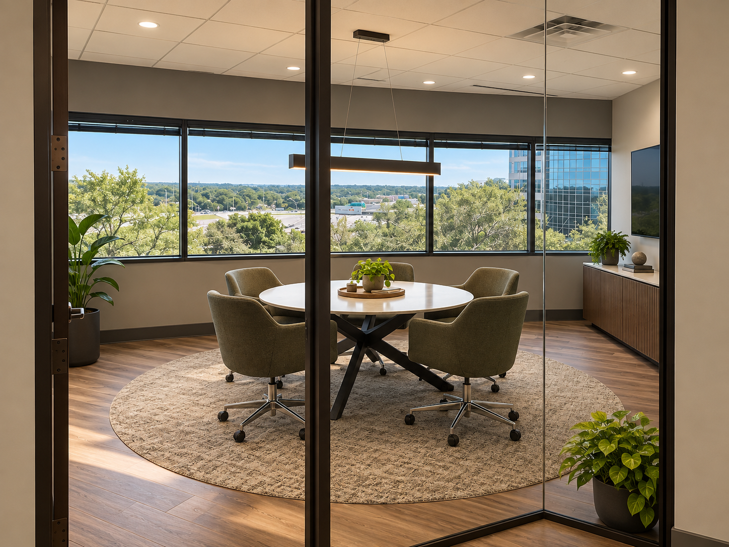 Modern commercial office conference room illustrating functional workplace planning, natural light, interior materials, furniture, and architectural detailing.