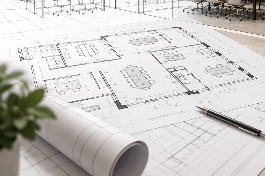 Graphic representing coordination of architectural, MEP, structural, civil, accessibility, and permitting requirements for a commercial tenant improvement project.