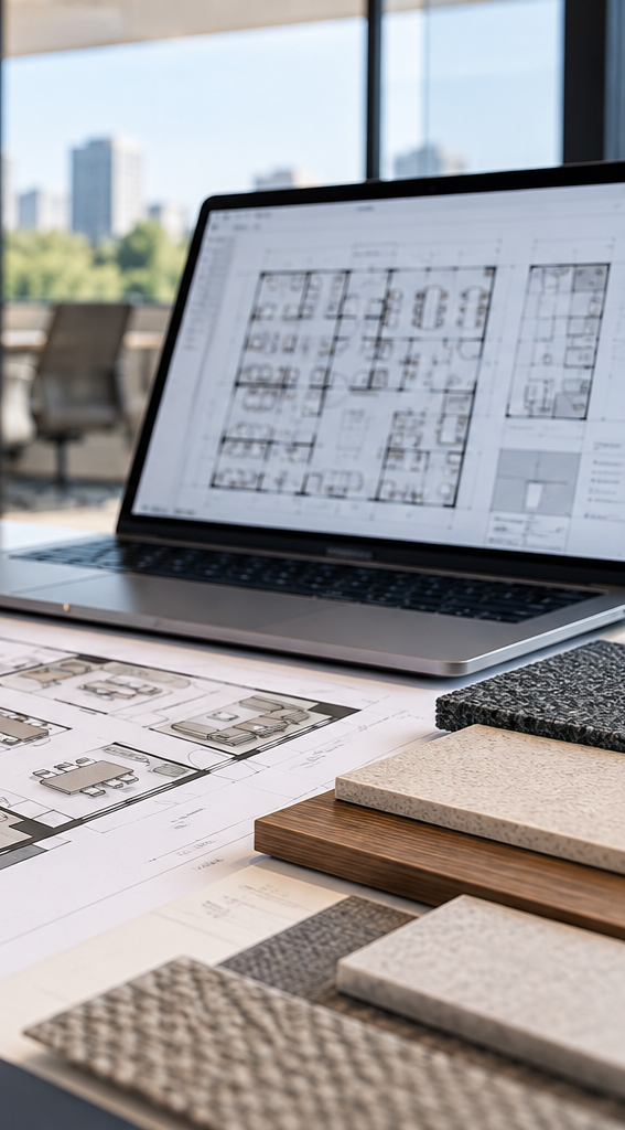 Commercial design coordination showing architectural floor plans, space planning, furniture layouts, and interior material selections.