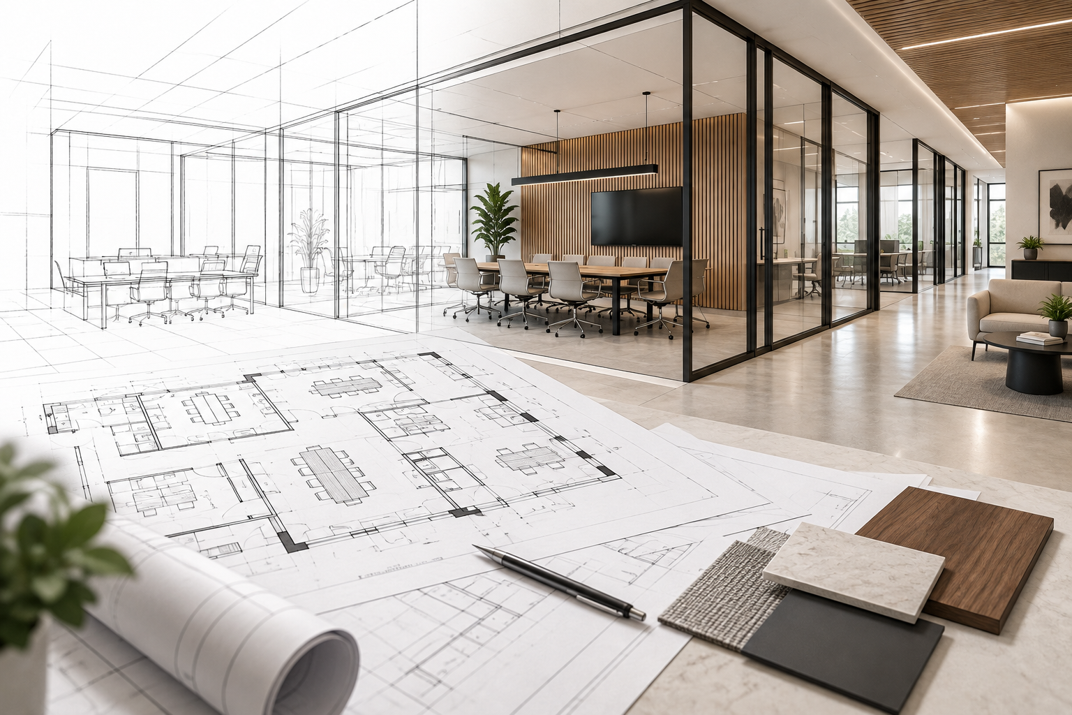 Commercial test fit and space planning study showing architectural floor plans, tenant strategy, material considerations, and layout options for evaluating a potential space.