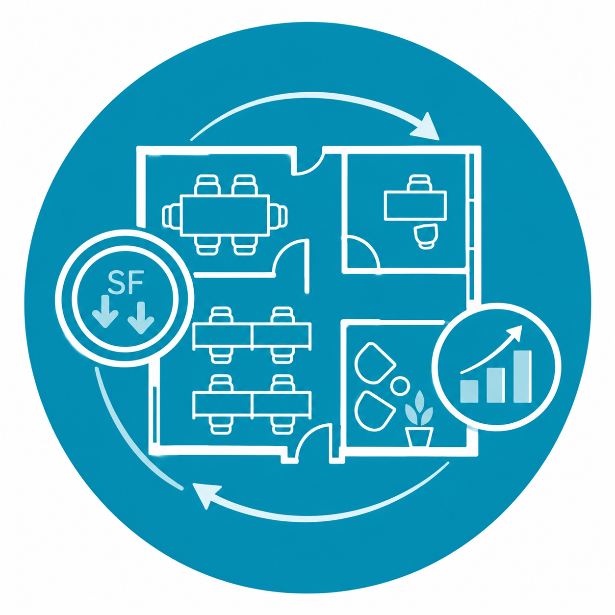 Graphic representing commercial space efficiency analysis, space utilization, and evaluation of how effectively a proposed layout supports the project program.