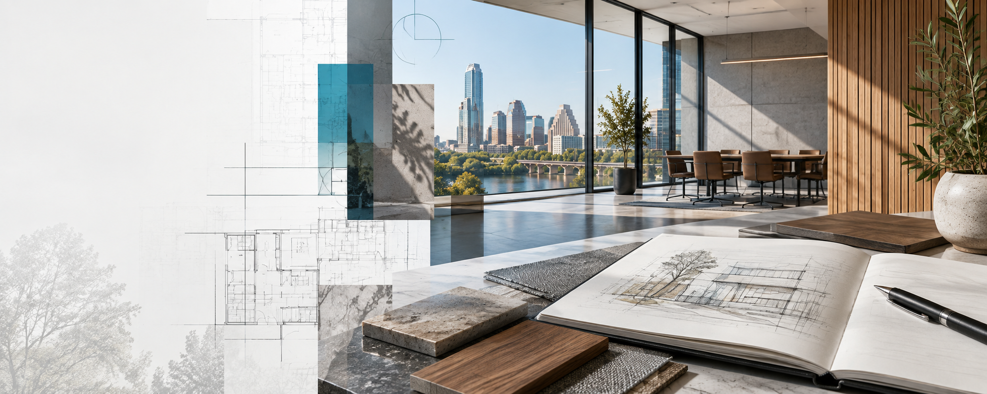 Commercial architecture and interior design concept with architectural plans and material samples