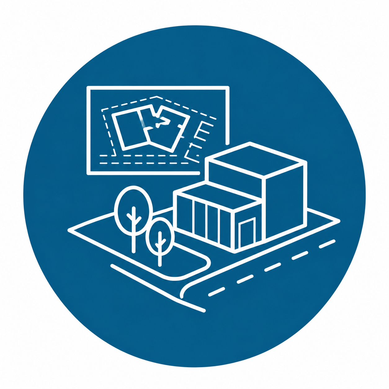 Icon representing site planning, building placement, circulation, landscaping, and site analysis for commercial development.