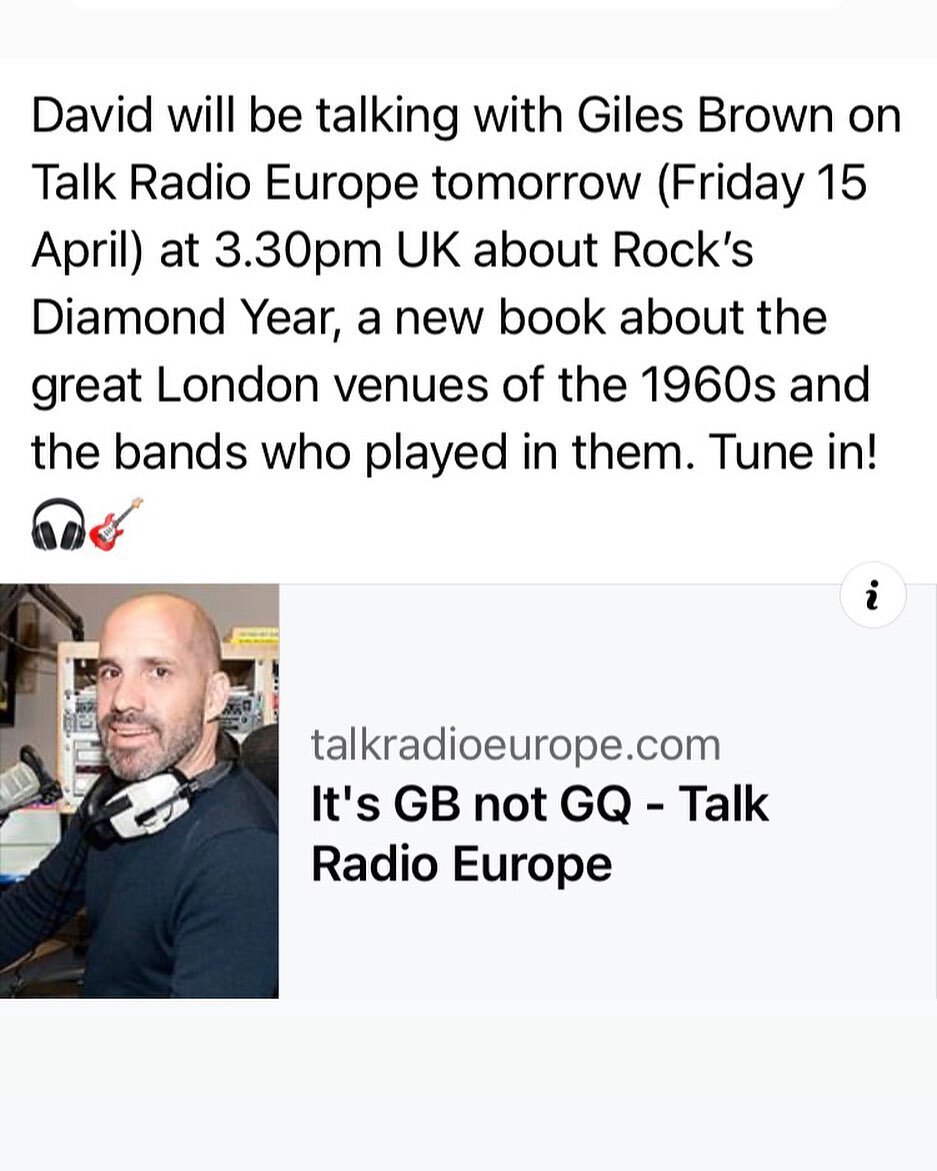 Tune-in tomorrow Friday on talkradioeurope.com @ 3.30pm UK.
ROCK&rsquo;S DIAMOND YEAR
A new book about the great London venues of the 60&rsquo;s and the bands who played in them! 

*
*
*
*
*
#rocksdiamondyear #1960s 
#london #musicvenues #therollings