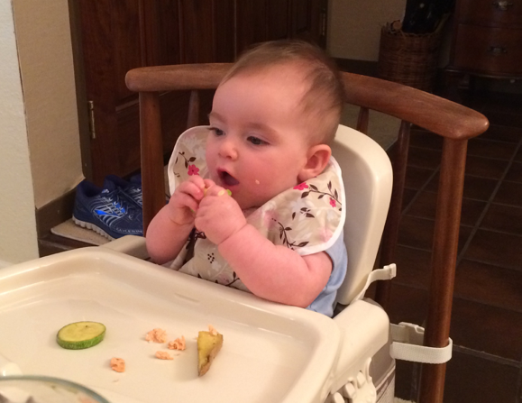 A bit of flaked salmon, sautéed zucchini rounds and potato wedges – a perfect dinner for a 9 month old!