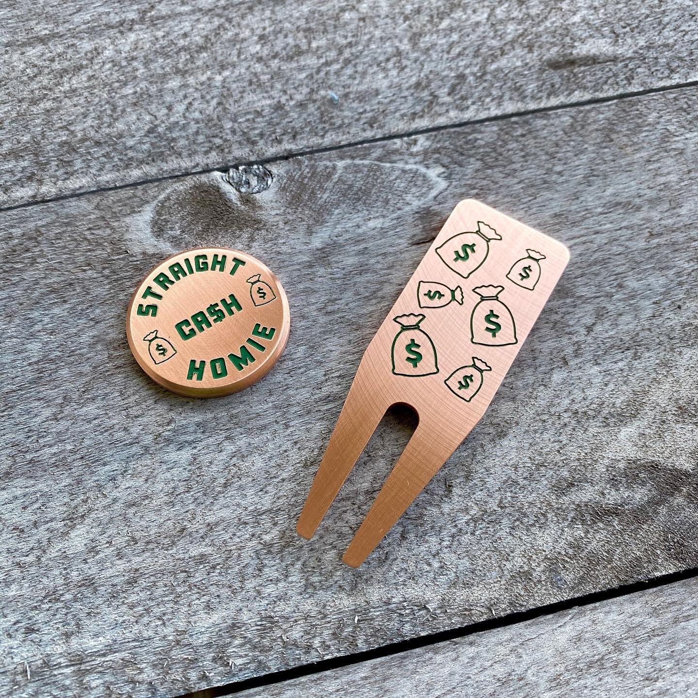 This recent order is a call-back to a set we have made in the past. Custom Copper Milled set with Deep Engraving and green fill.