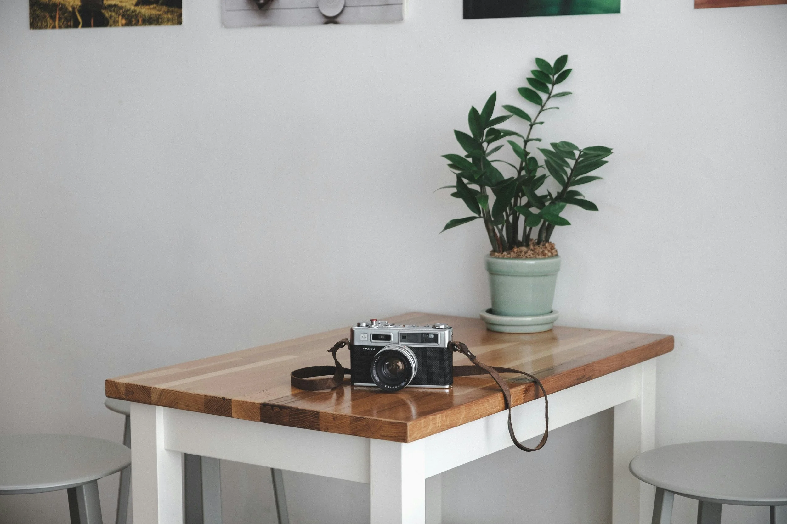 A view of a wooden table with a vintage camera and sunglasses on it, a potted green houseplant, and a white wall with framed photographs.