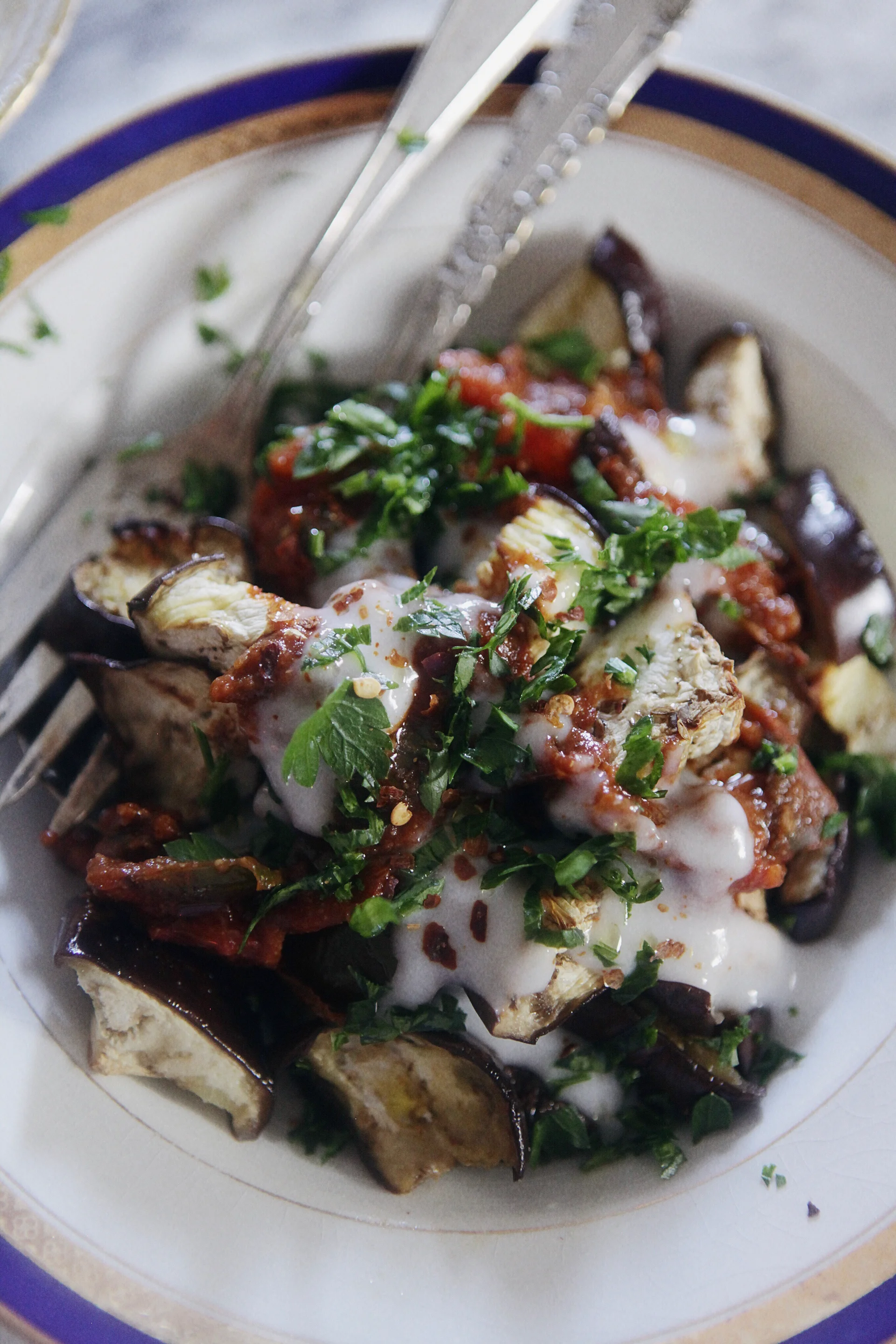 Roasted Eggplant in Tomato Sauce with Yoghurt & Herbs