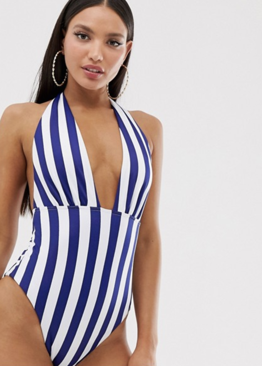 Tall recycled v front strappy back swimsuit 