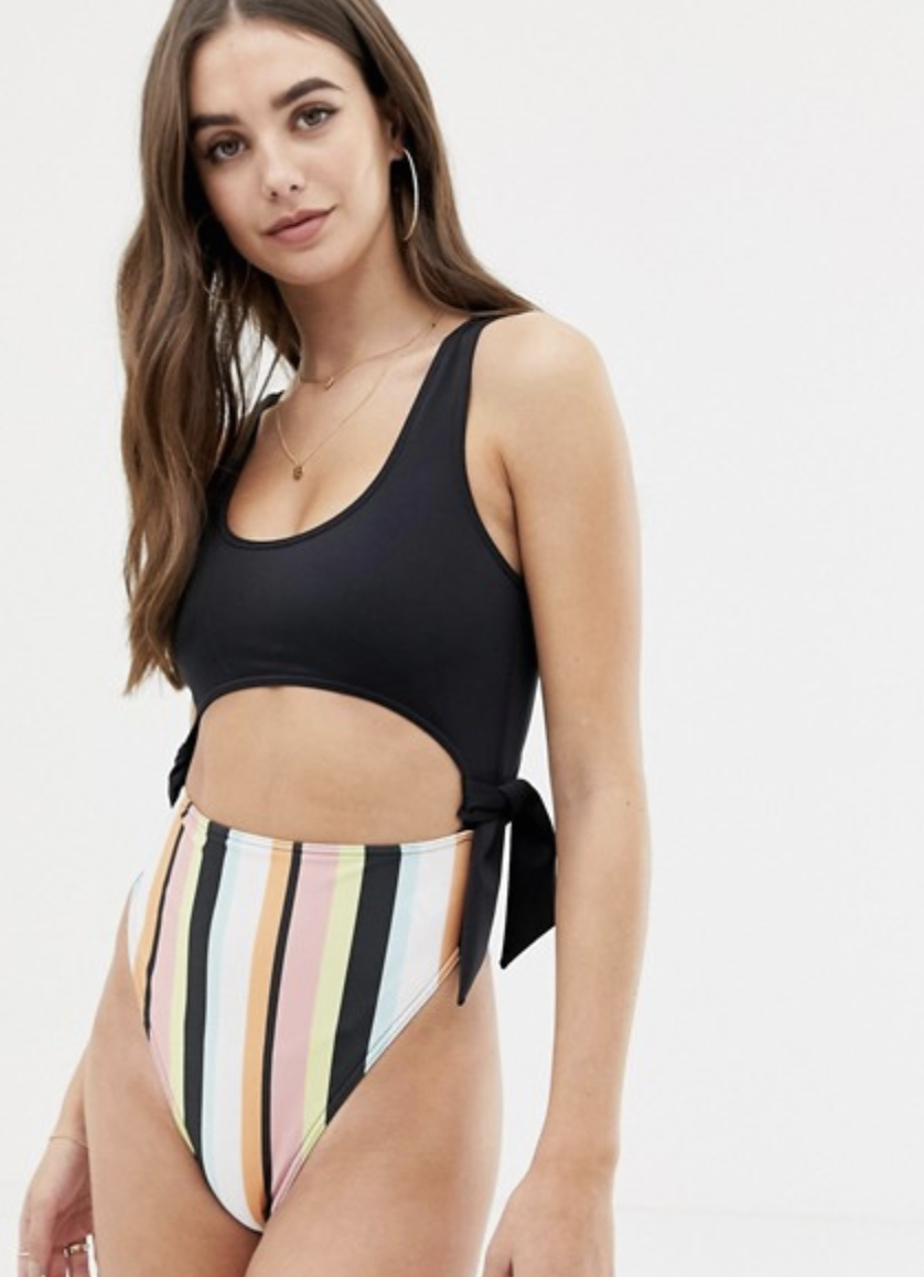 Tall recycled cut out swimsuit in color block stripe print