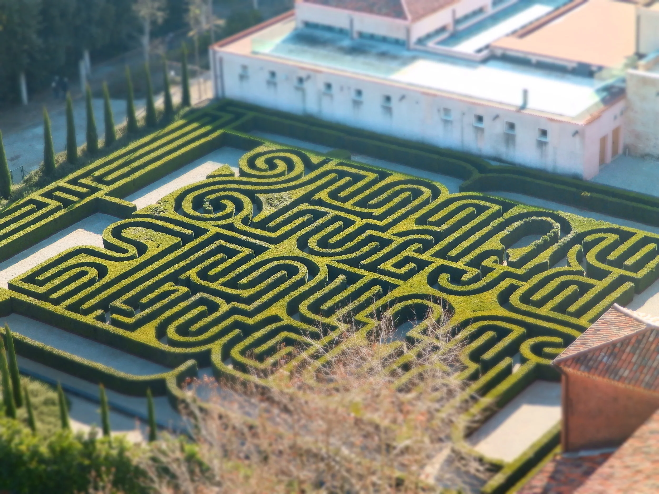 El laberinto que homenajea a Borges, visto desde lo alto del campanario.
