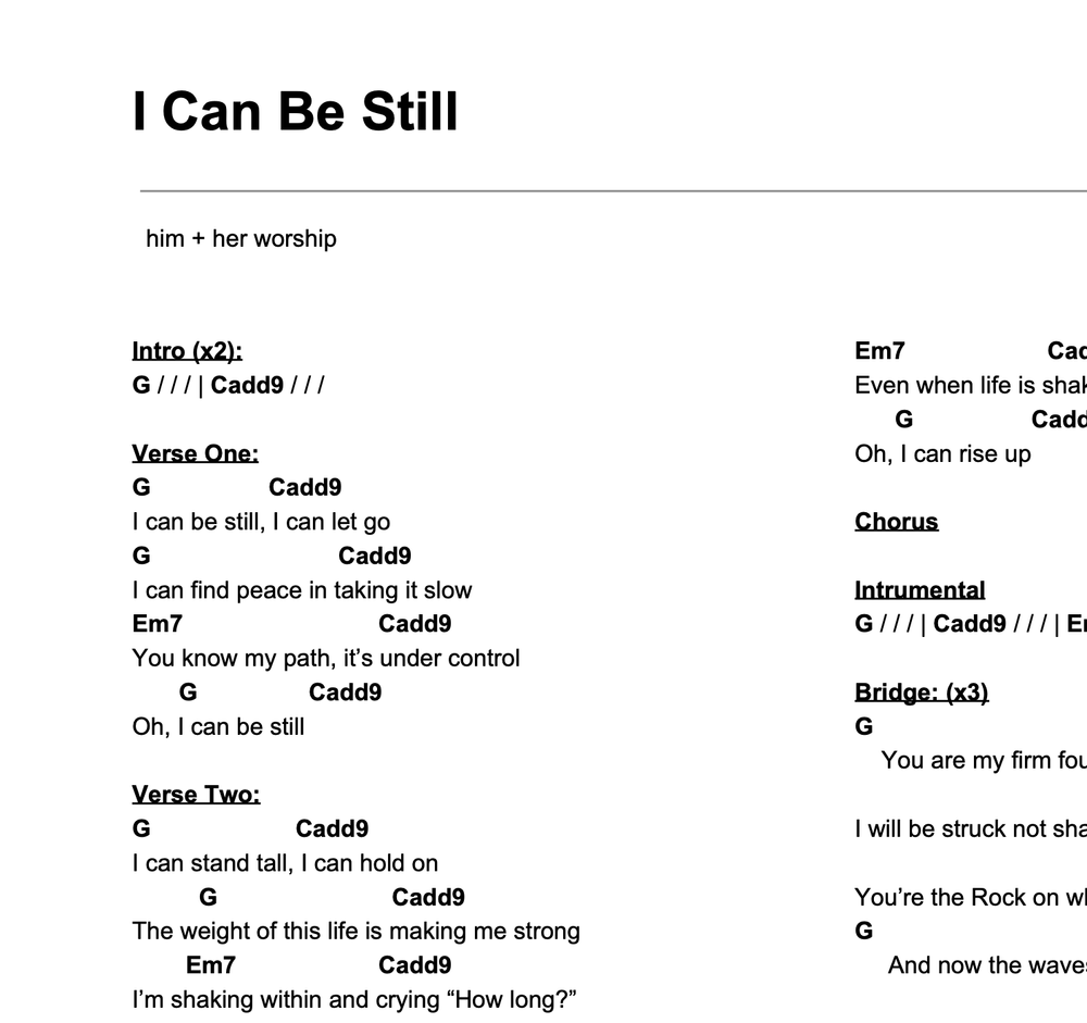 I Can Be Still Chord Chart Him Her Worship