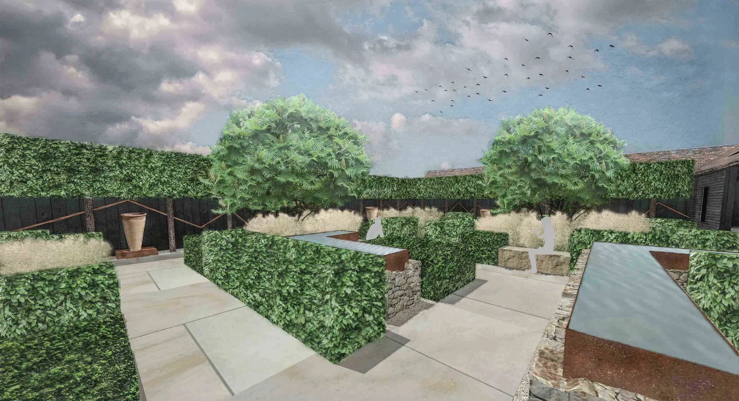sandstone corten water features pleached trees modern courtyard.jpg