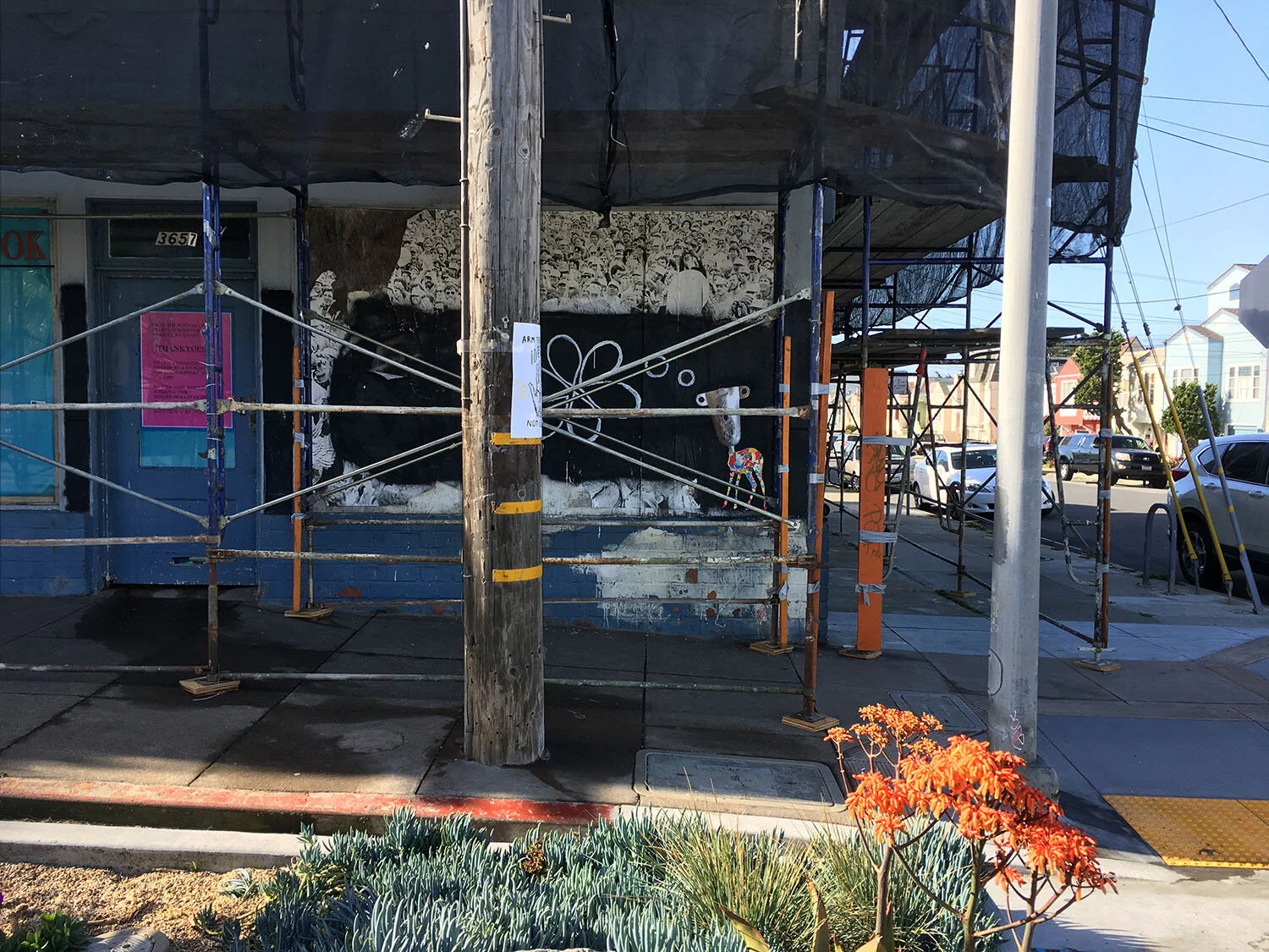  She looked imprisoned behind all the scaffolding. 