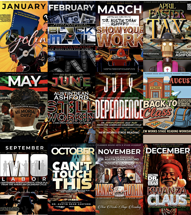 A collage of theatrical play posters for various months of the year, including January, February, March, April, May, June, July, August, September, October, November, and December. Each poster features unique artwork and text representing each play, with themes related to holidays, historical events, and cultural topics.