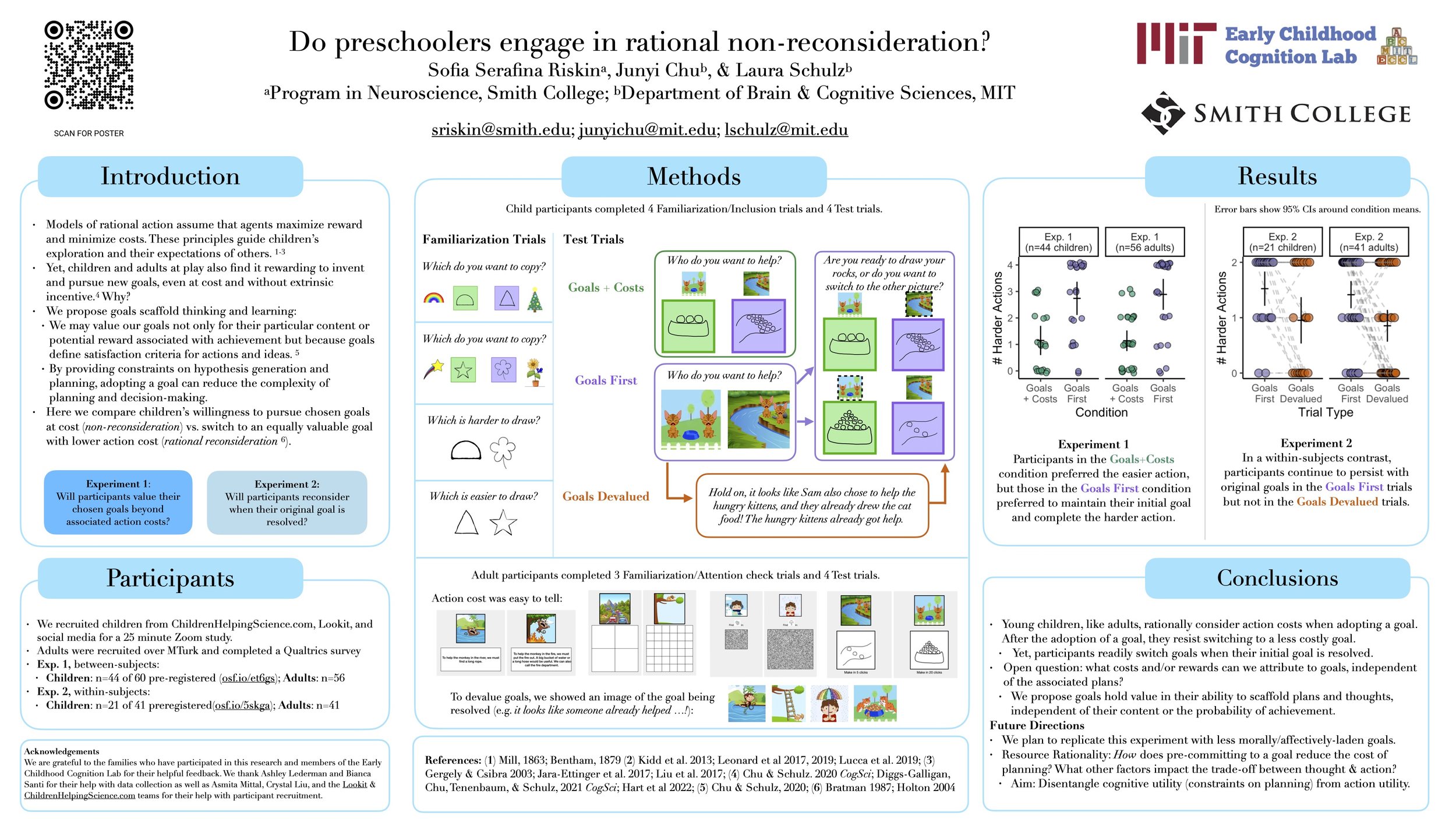   Riskin, S. S. , Chu, J., &amp; Schulz, L. E. (2022, April).  Do preschoolers engage in rational non-reconsideration?  Poster presented at the 2022 Cognitive Development Society Biennial Conference, Madison, WI. 