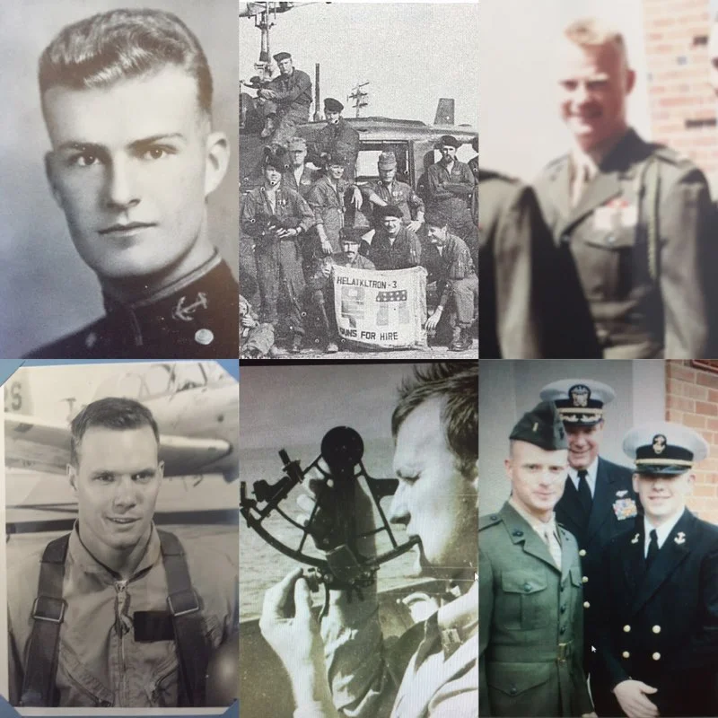 Clockwise from Top Left: Captain Larry L. Davis (Grandfather) at graduation from US Coast Guard Academy, Father's Vietnam helicopter squadron, Lt. Greg Alexander USMC (Brother), Midshipmen Ken Alexander at brother's first salute ceremony with father, Commander George Alexander Sr. (Grandfather) in Pacific during WWII, and Commander George Alexander (Father) at flight school in Pensacola. 
