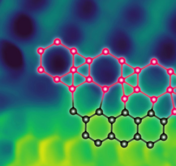 Atomic-resolution scanning tunneling microscopy image of a borophene-graphene lateral heterostructure with an overlaid schematic of interfacial boron-carbon bonding. Image width: 1.7 nm.