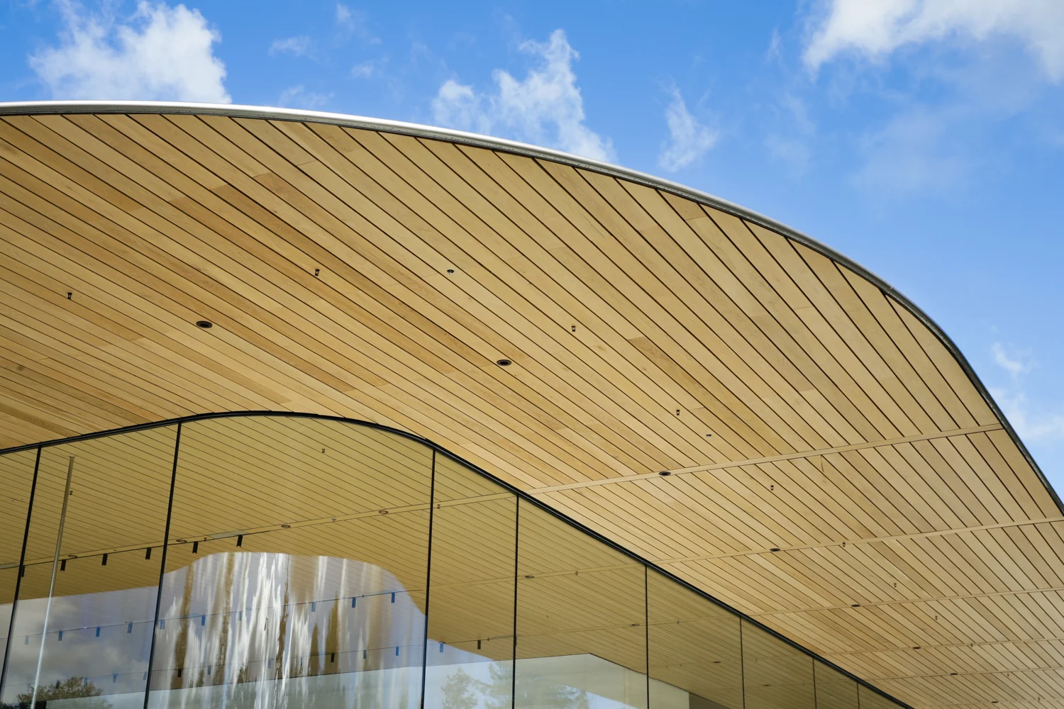 A corner of the Apple Park Visitor Center building is seen in Cupertino, California