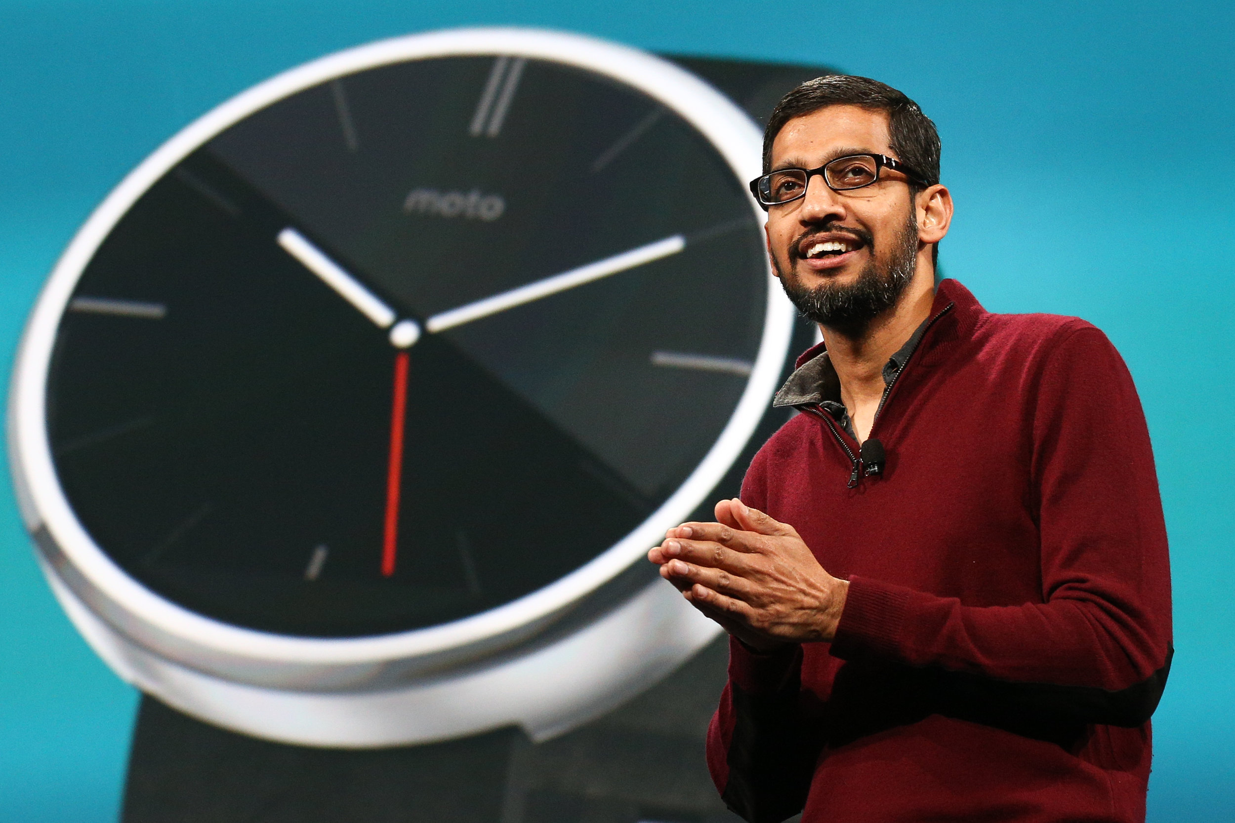  Sundar Pichai, Chief Executive Officer of Google Inc., speaks during the keynote at the Google I/O developers conference in San Francisco, California 